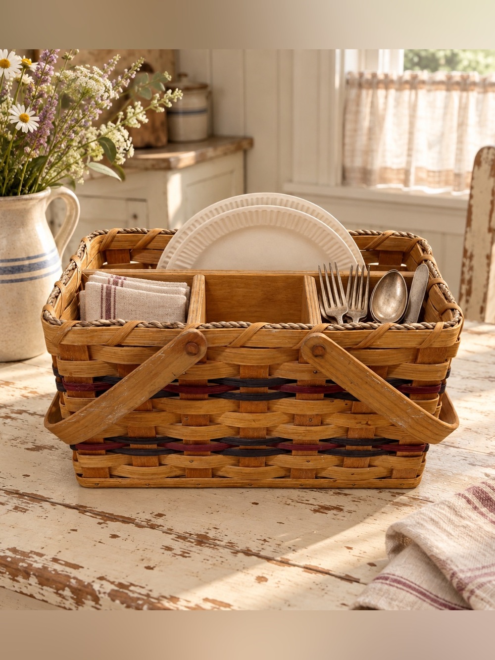 Handmade Woven Picnic Basket Silverware Paper Plate Caddy Divided Organizer